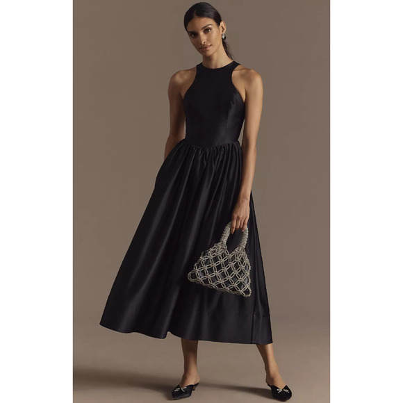 BHLDN Dresses & Skirts - NWT BHLDN Cora Halter Back-Cutout Black Satin Midi Dress - Small